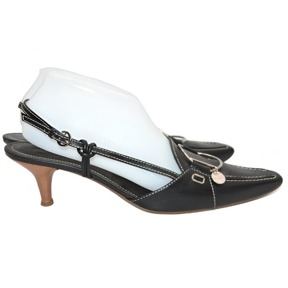 TOD'S Black Structured Minimalist Silver Metal Leather Slingback Kitten Heels 9 - Picture 3 of 15